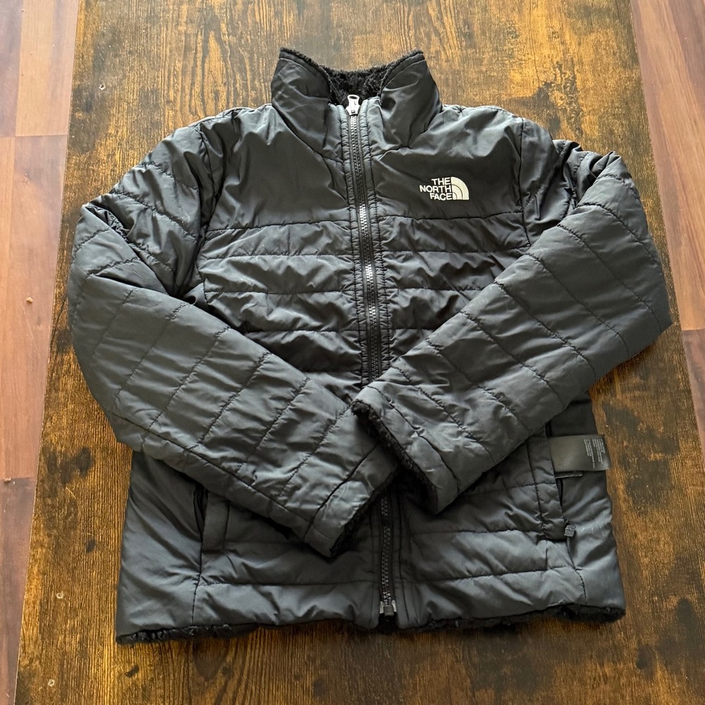 The North Face Girls 7/8 Mossbud Swirl Reversible Black Fleece Puffer Jacket